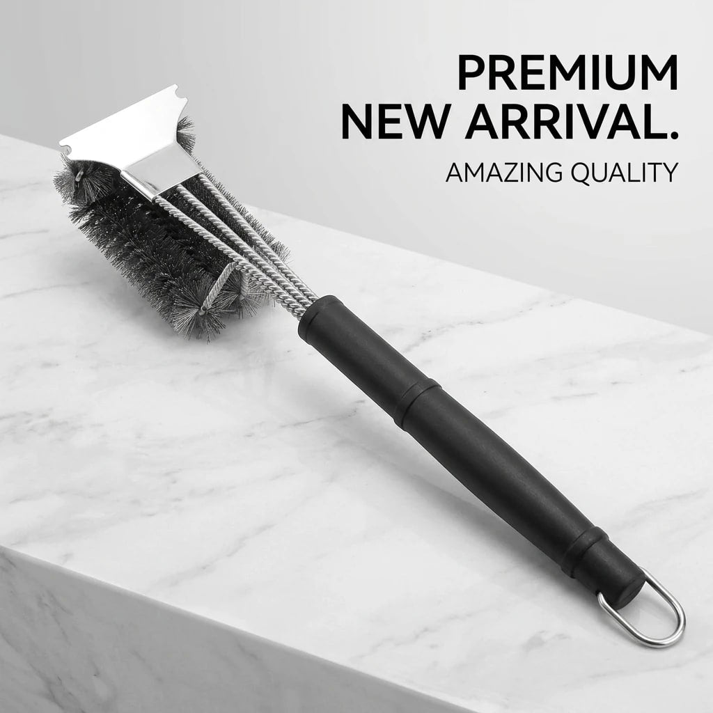 3-Head Stainless Steel BBQ Grill Brush and Scraper with Long PP Handle