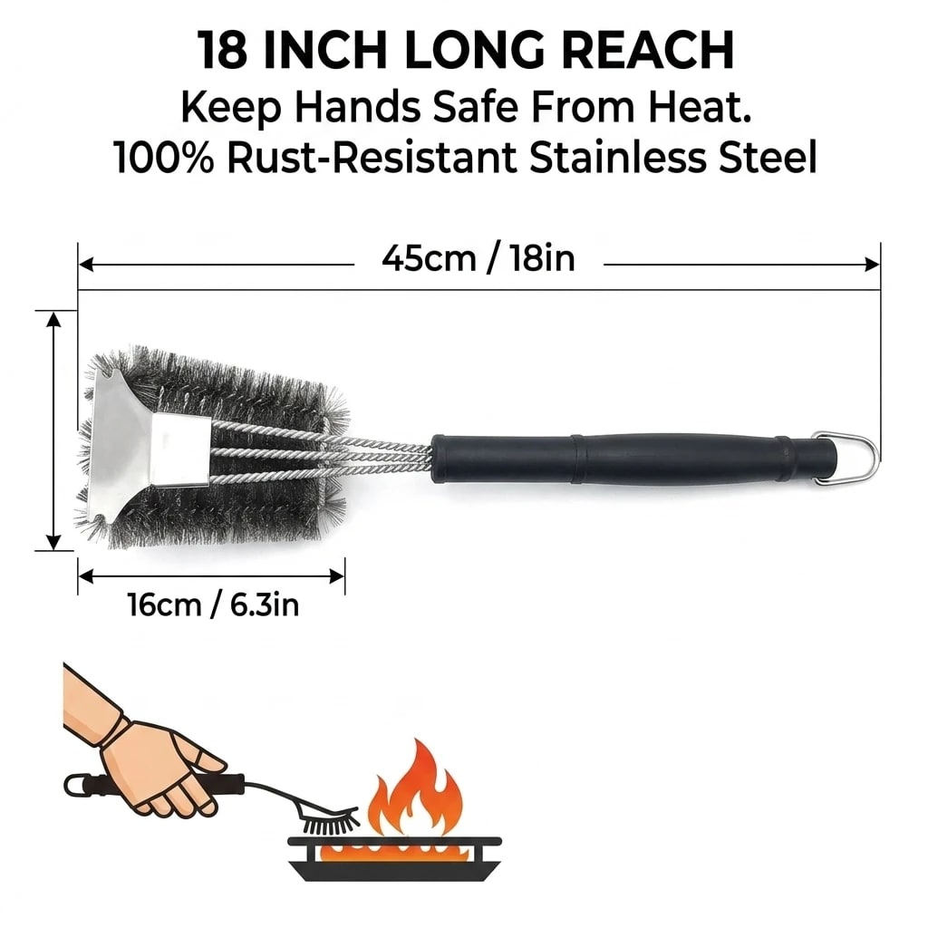 3-Head Stainless Steel BBQ Grill Brush and Scraper with Long PP Handle