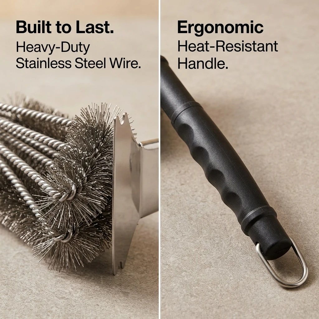 3-Head Stainless Steel BBQ Grill Brush and Scraper with Long PP Handle