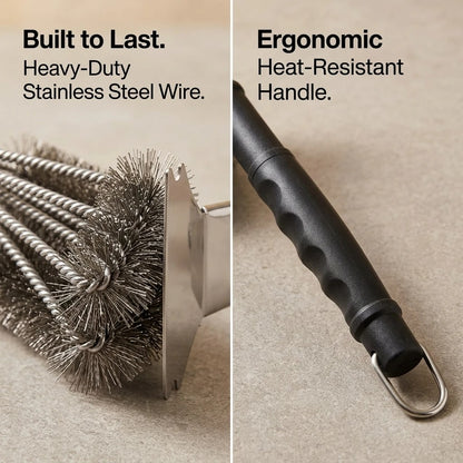 3-Head Stainless Steel BBQ Grill Brush and Scraper with Long PP Handle