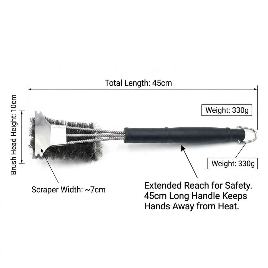 3-Head Stainless Steel BBQ Grill Brush and Scraper with Long PP Handle