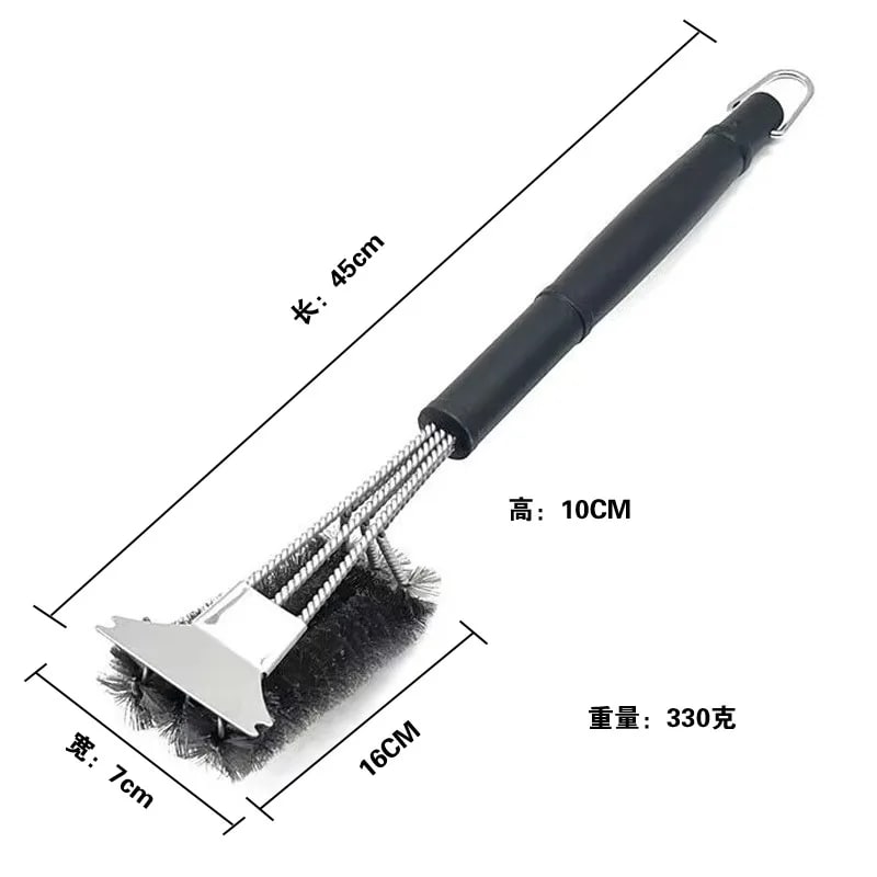 3-Head Stainless Steel BBQ Grill Brush and Scraper with Long PP Handle - Grey
