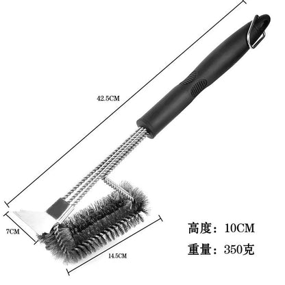3-Head Stainless Steel BBQ Grill Brush and Scraper with Long PP Handle - Pink