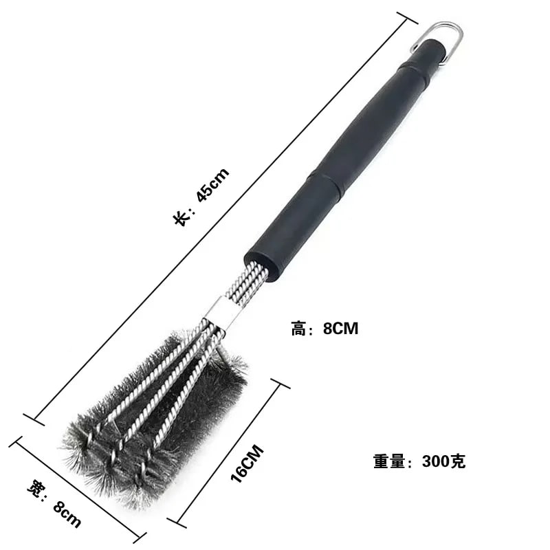 3-Head Stainless Steel BBQ Grill Brush and Scraper with Long PP Handle - Navy Blue