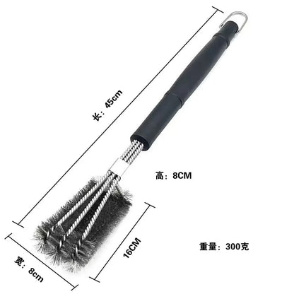 3-Head Stainless Steel BBQ Grill Brush and Scraper with Long PP Handle - Navy Blue
