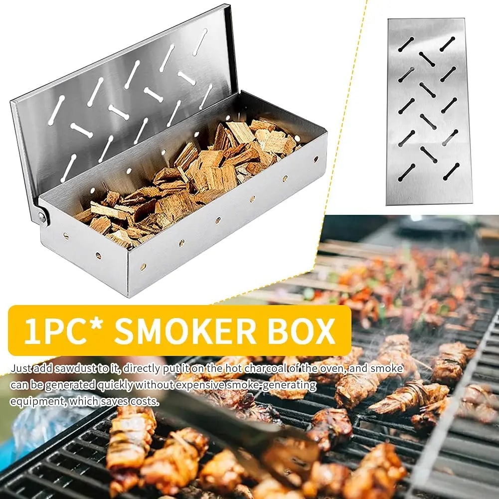 Stainless Steel BBQ Smoker Box for Charcoal or Gas Grills, 22 x 9.5 x 4.2cm