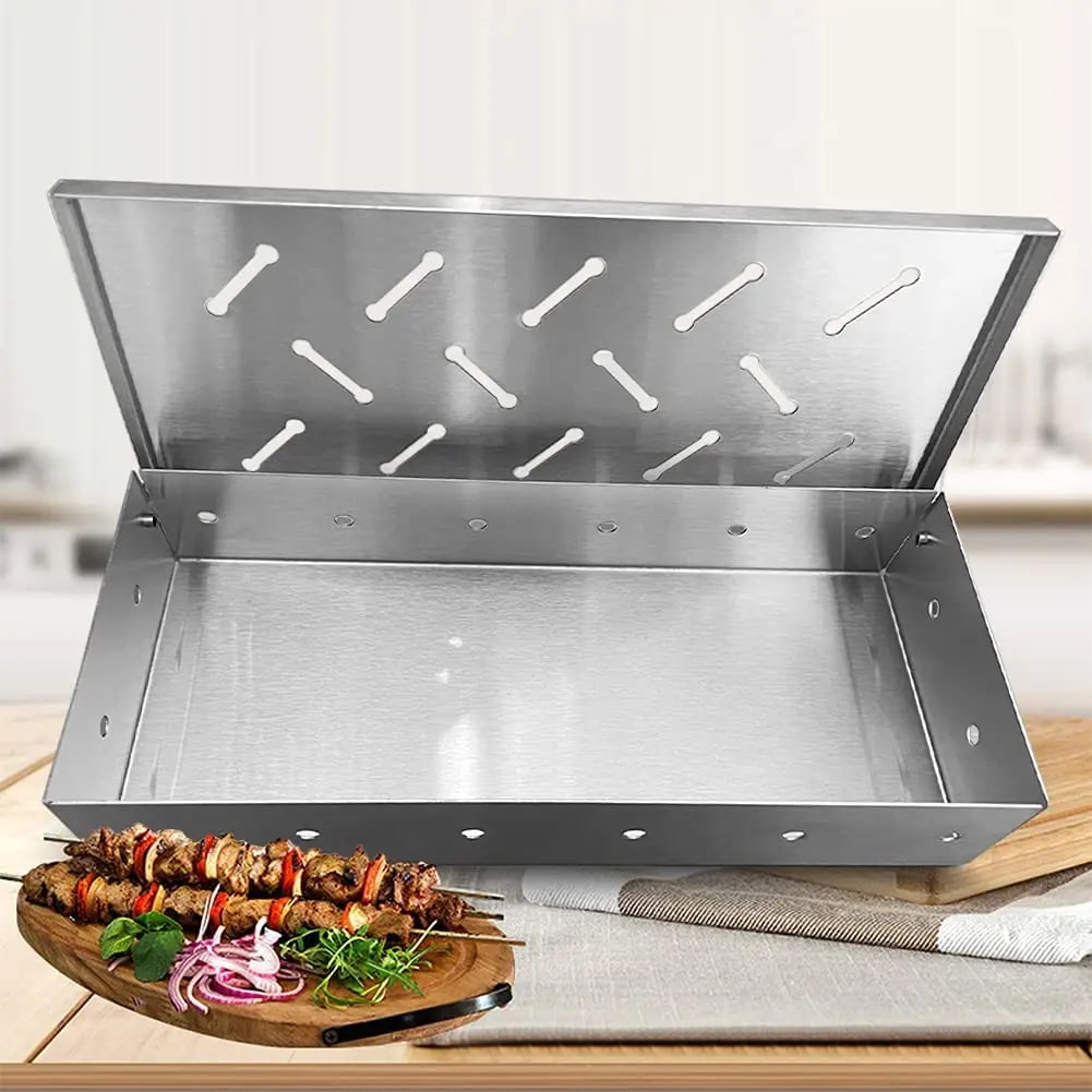 Stainless Steel BBQ Smoker Box for Charcoal or Gas Grills, 22 x 9.5 x 4.2cm
