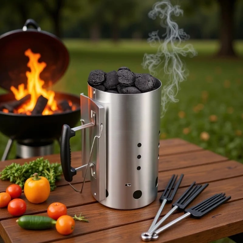 Charcoal Chimney Starter with Wooden Handle, Portable Metal BBQ Fire Starter