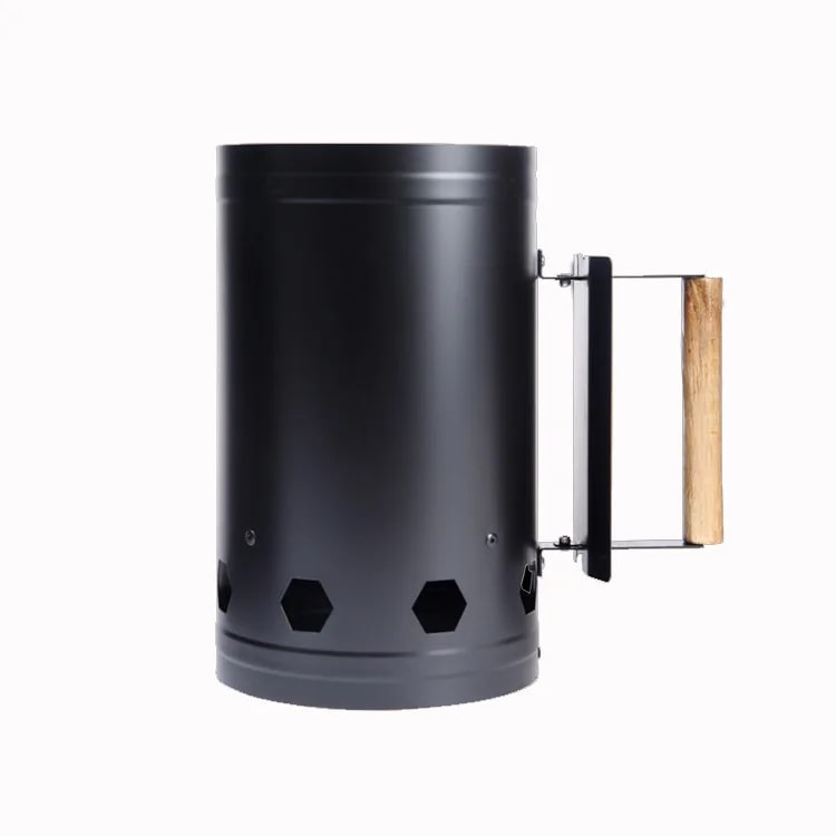 Charcoal Chimney Starter with Wooden Handle, Portable Metal BBQ Fire Starter - black