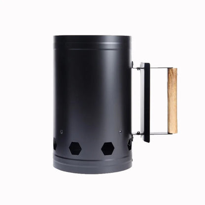 Charcoal Chimney Starter with Wooden Handle, Portable Metal BBQ Fire Starter - black