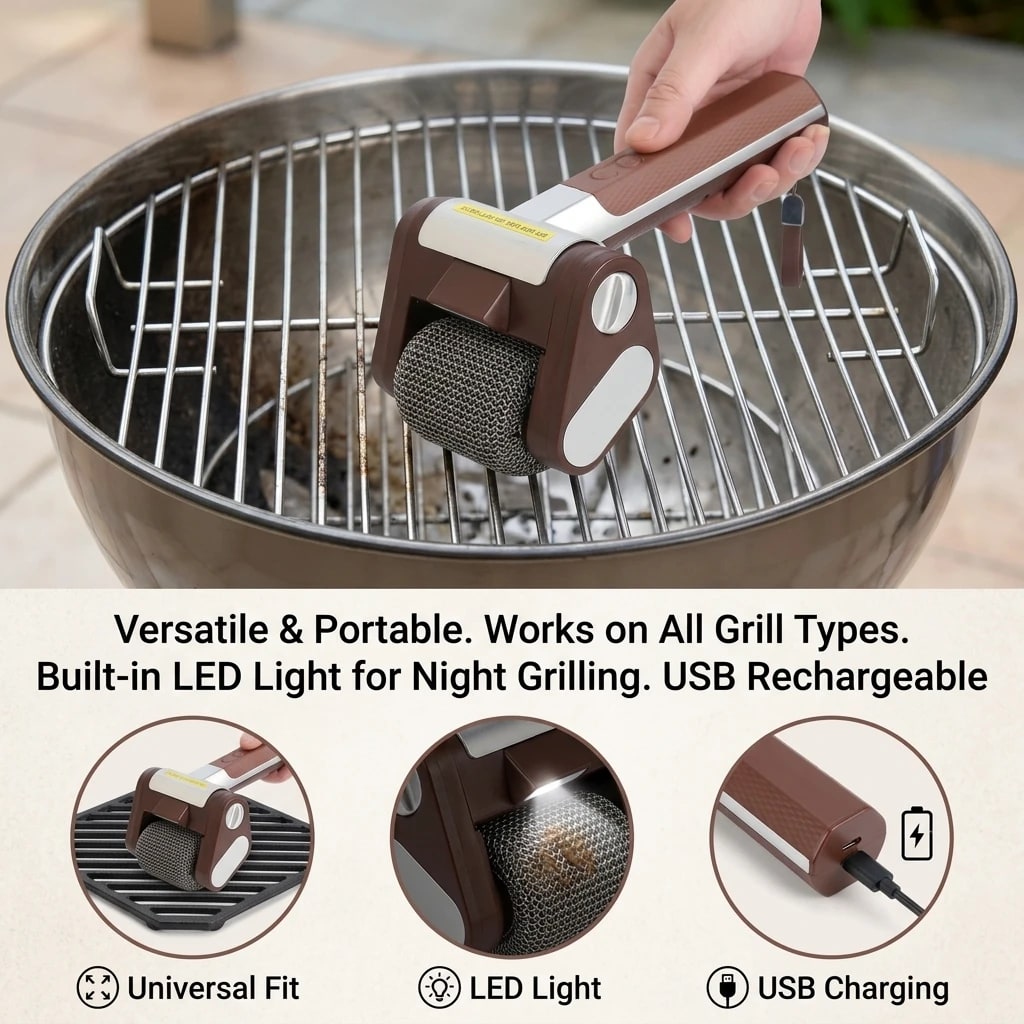 Electric Grill Brush with LED Light, USB Rechargeable 304 Stainless Steel Mesh Roller