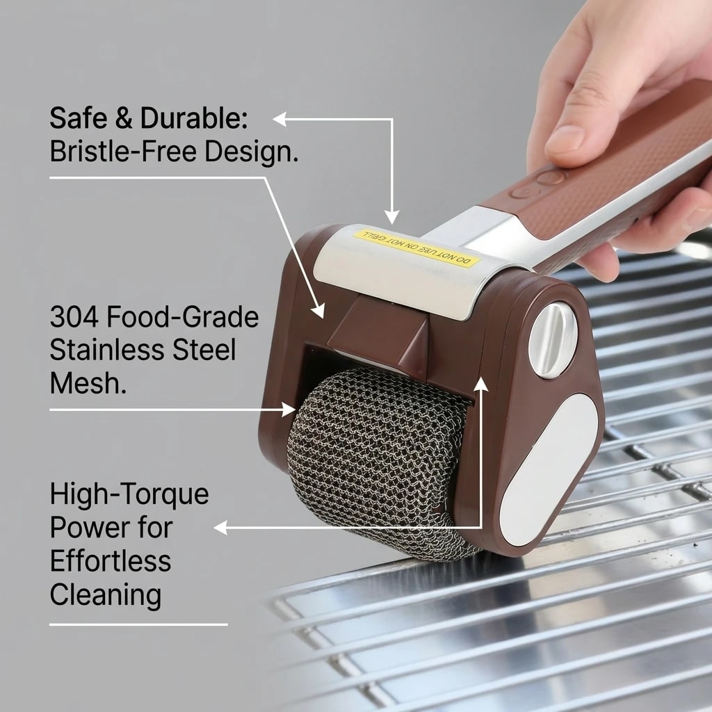 Electric Grill Brush with LED Light, USB Rechargeable 304 Stainless Steel Mesh Roller