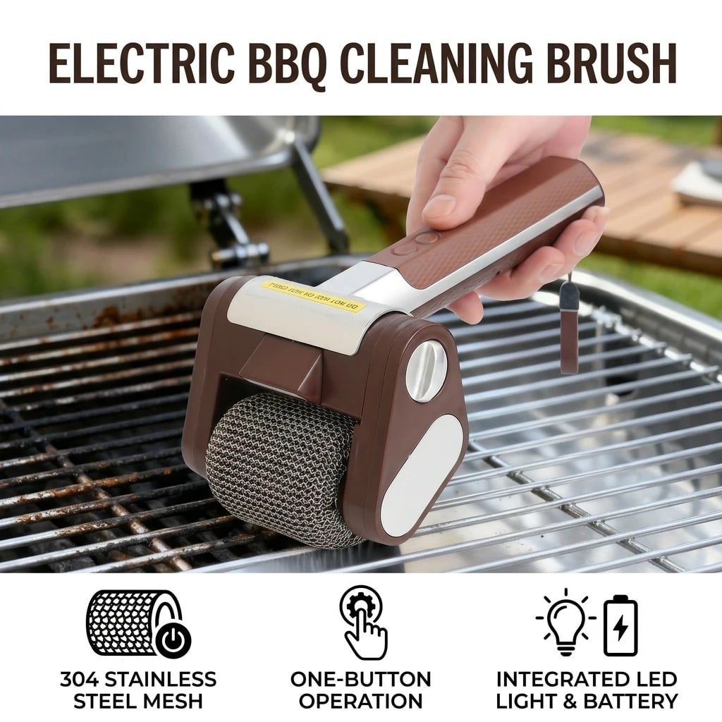 Electric Grill Brush with LED Light, USB Rechargeable 304 Stainless Steel Mesh Roller