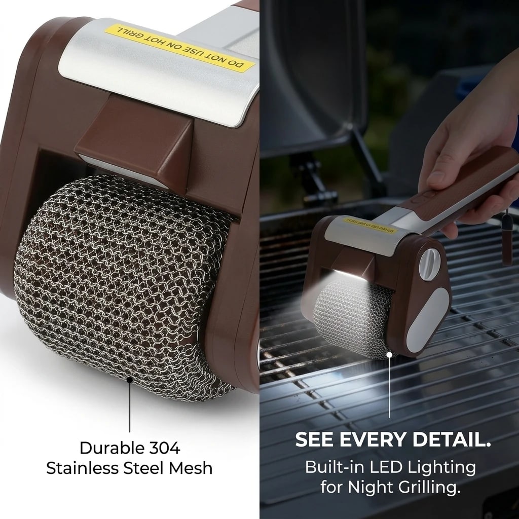 Electric Grill Brush with LED Light, USB Rechargeable 304 Stainless Steel Mesh Roller