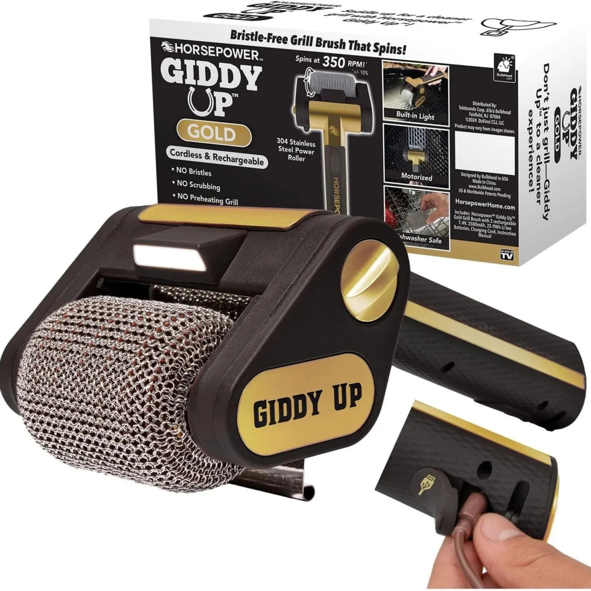 Electric Grill Brush with LED Light, USB Rechargeable 304 Stainless Steel Mesh Roller - black