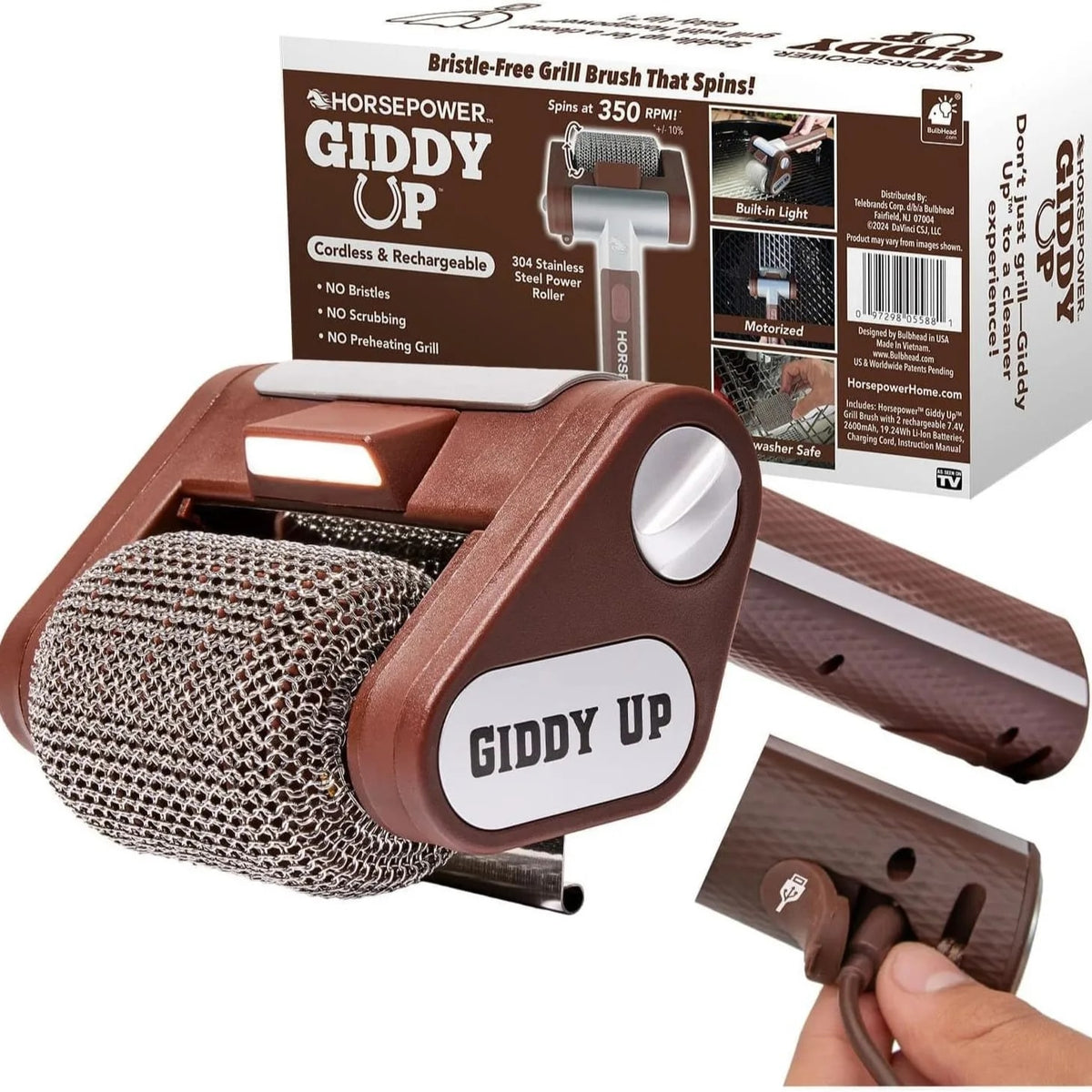 Electric Grill Brush with LED Light, USB Rechargeable 304 Stainless Steel Mesh Roller - green