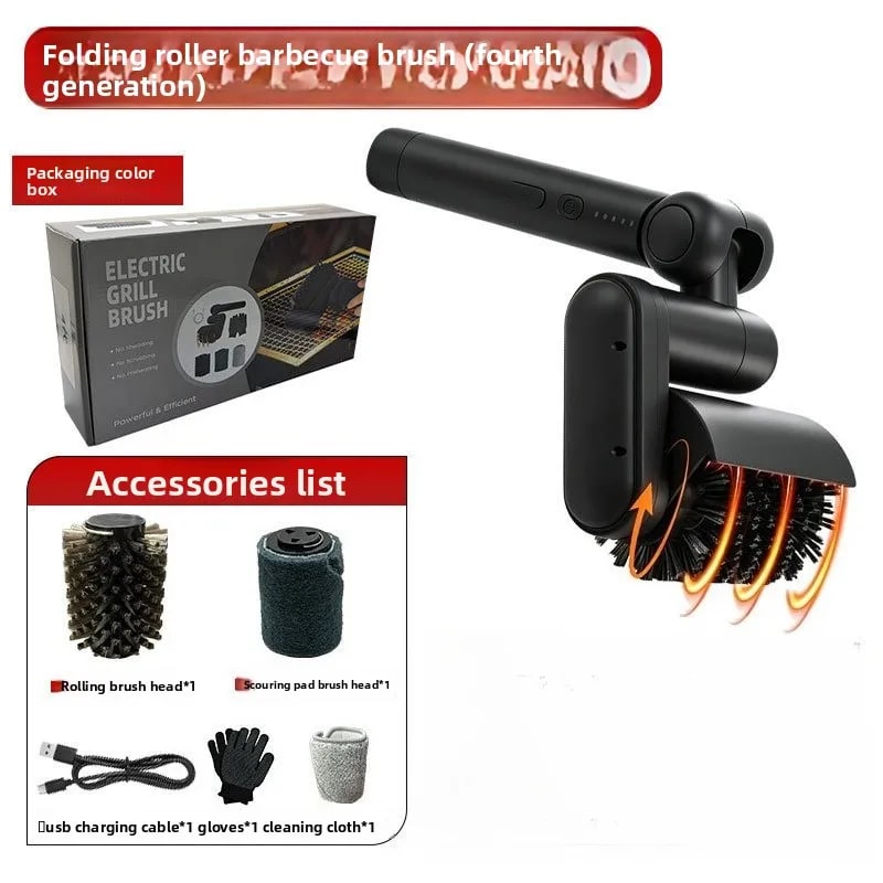 Electric Grill Brush with LED Light, USB Rechargeable 304 Stainless Steel Mesh Roller - Red