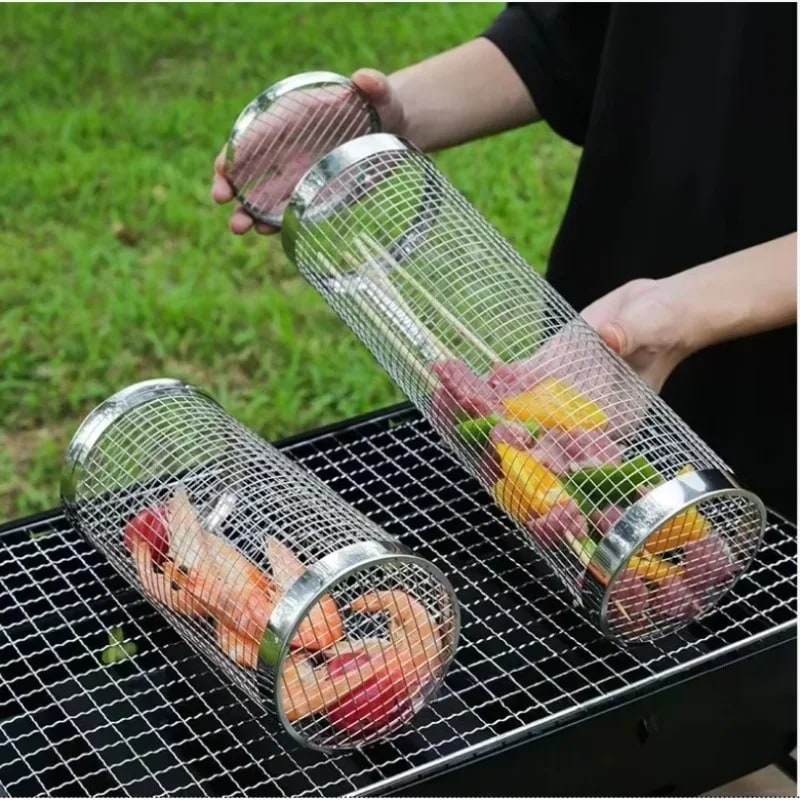 304 Stainless Steel Rolling BBQ Grill Basket for Vegetables, Fish and Fries