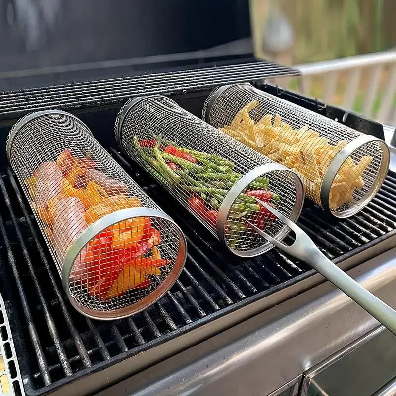 304 Stainless Steel Rolling BBQ Grill Basket for Vegetables, Fish and Fries