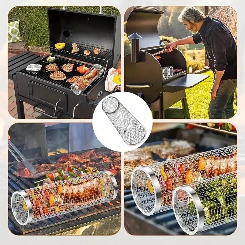 304 Stainless Steel Rolling BBQ Grill Basket for Vegetables, Fish and Fries
