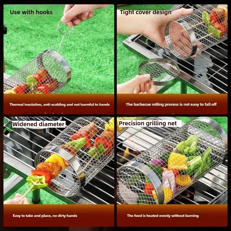 304 Stainless Steel Rolling BBQ Grill Basket for Vegetables, Fish and Fries