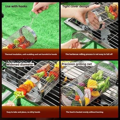 304 Stainless Steel Rolling BBQ Grill Basket for Vegetables, Fish and Fries