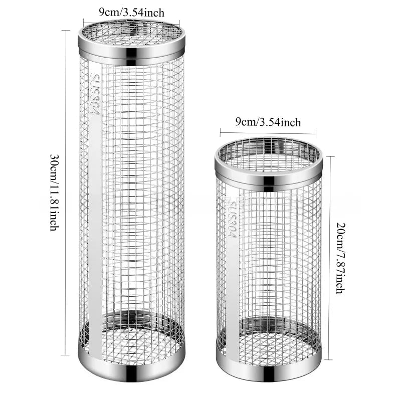 304 Stainless Steel Rolling BBQ Grill Basket for Vegetables, Fish and Fries