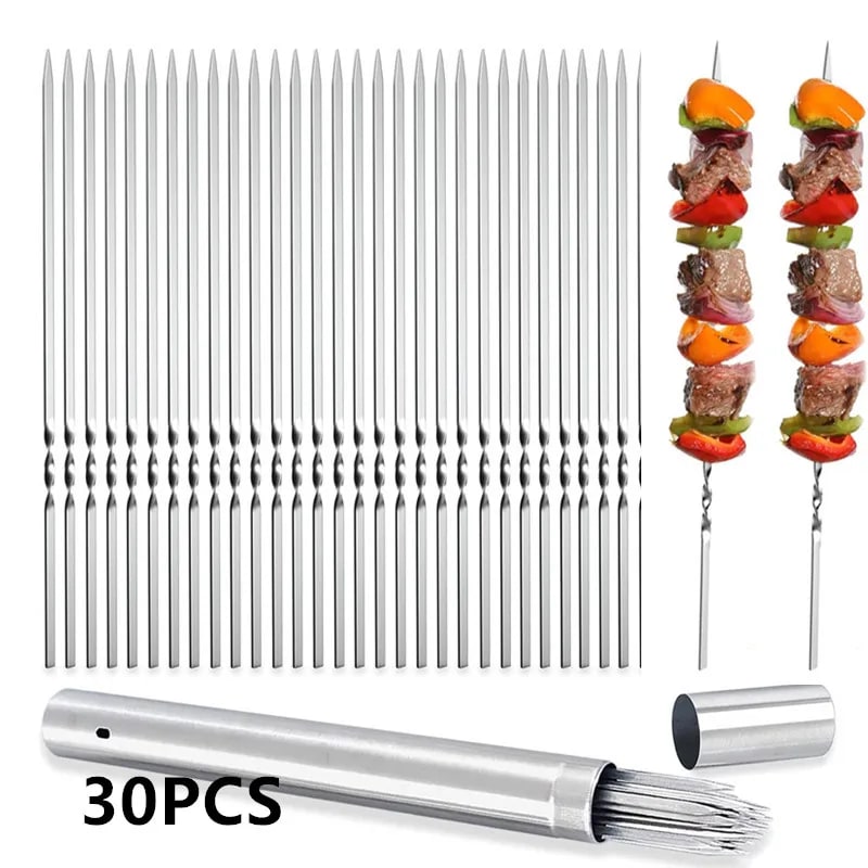 Reusable 304 Stainless Steel BBQ Kebab Skewers, 28cm or 33cm, 10 to 31 Pack Options
