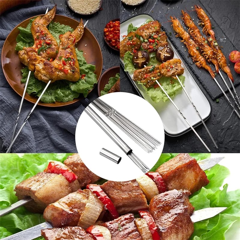 Reusable 304 Stainless Steel BBQ Kebab Skewers, 28cm or 33cm, 10 to 31 Pack Options