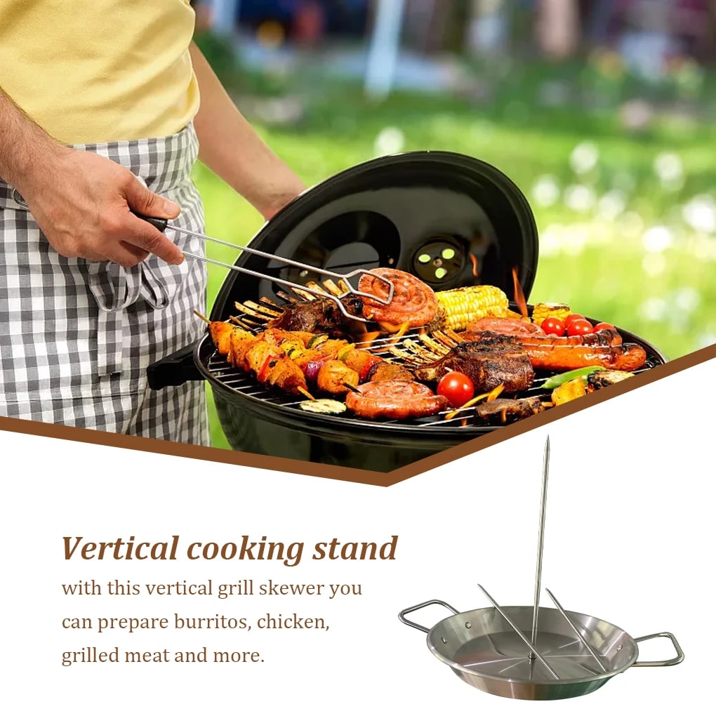 Vertical Skewer BBQ Roasting Stand with 10-Inch Pan and 3 Baking Needles