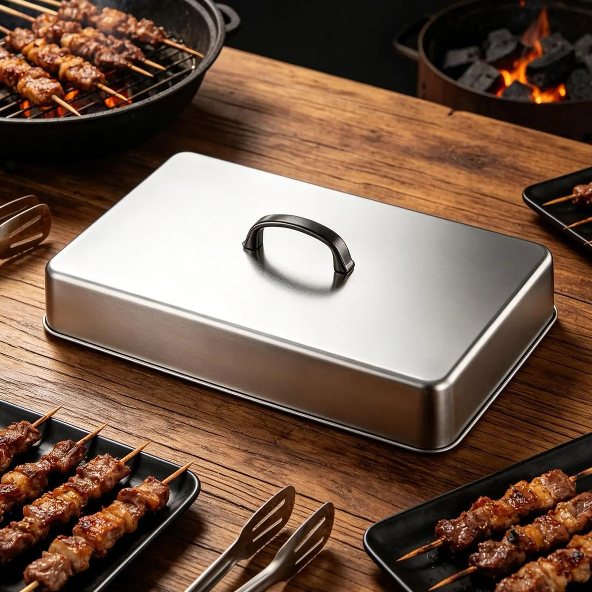 Rectangular BBQ Basting Cover Metal Griddle Steam Lid 43.5 x 28.2 x 6.6cm
