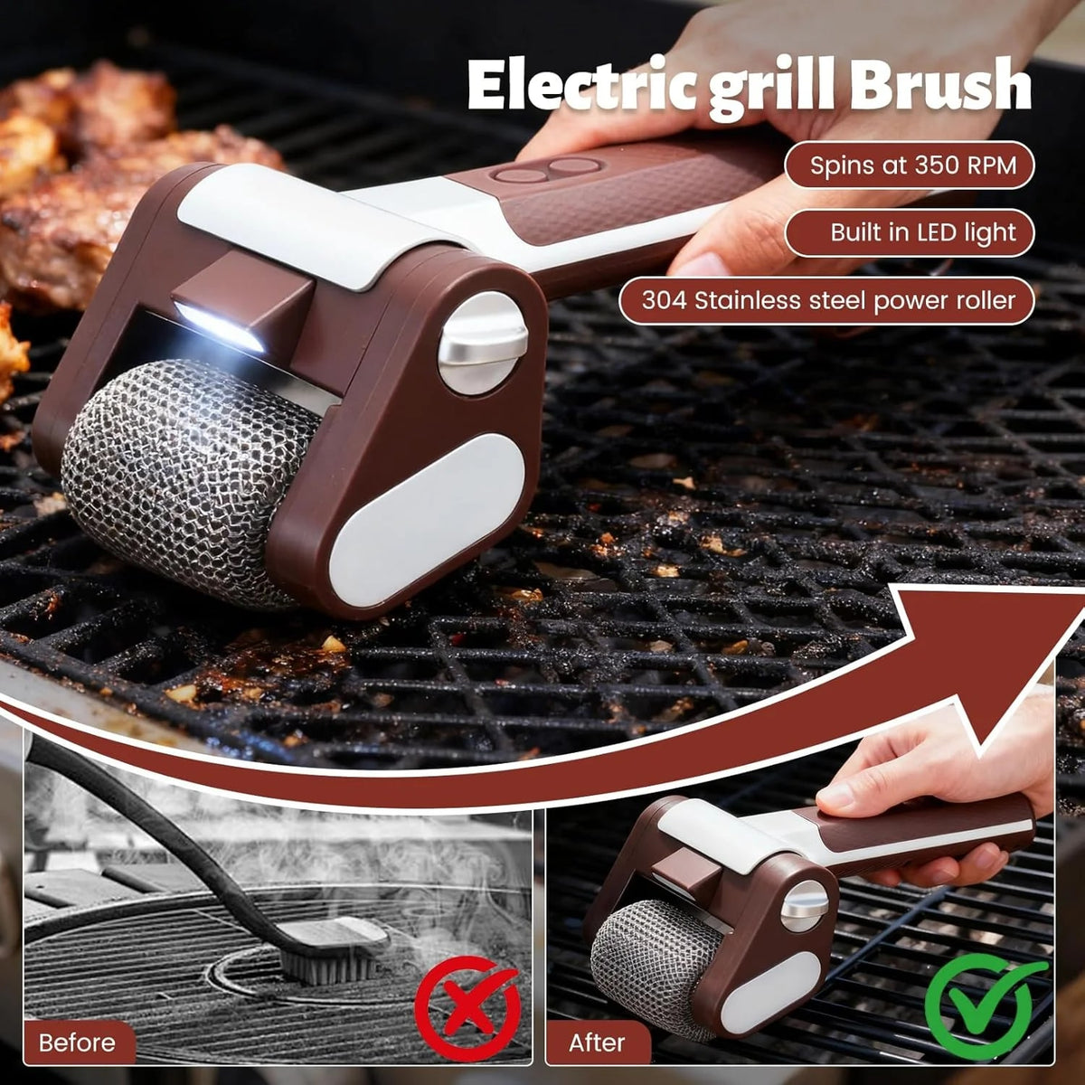 VAKIND Electric Stainless Steel Grill Brush with LED Light, Rechargeable Roller