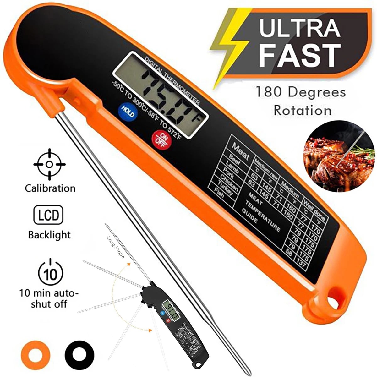 Digital Food Thermometer with Foldable 304 Stainless Steel Probe, -50 to 300°C