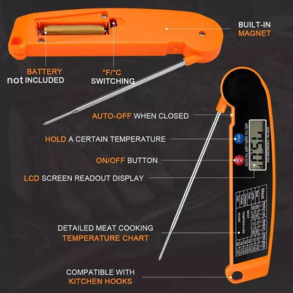 Digital Food Thermometer with Foldable 304 Stainless Steel Probe, -50 to 300°C