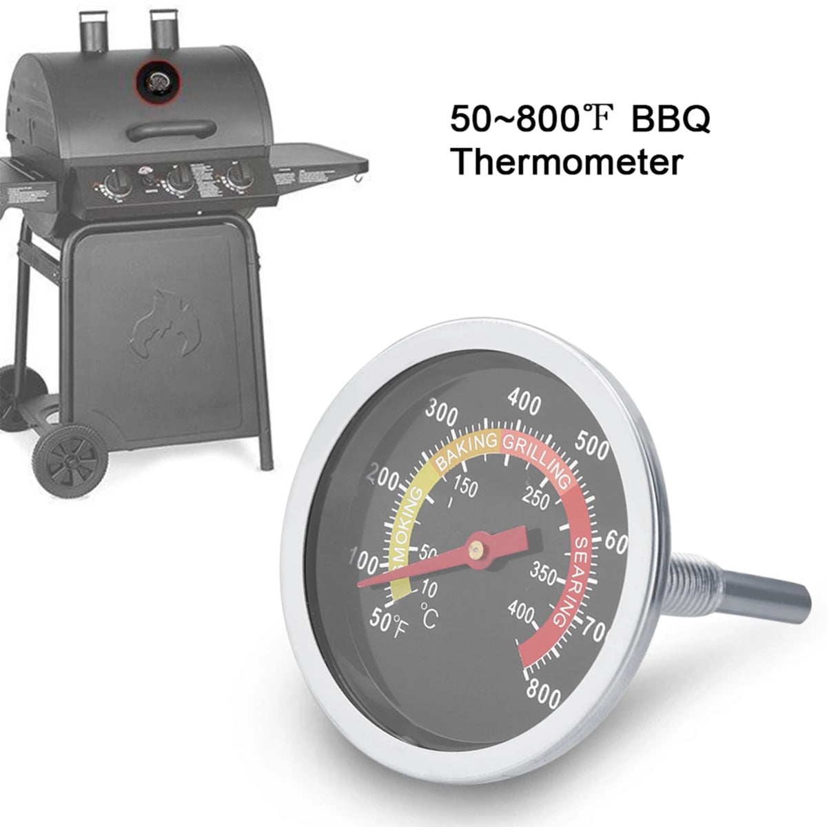 Stainless Steel BBQ Thermometer with Tempered Glass Dial, M10 Thread