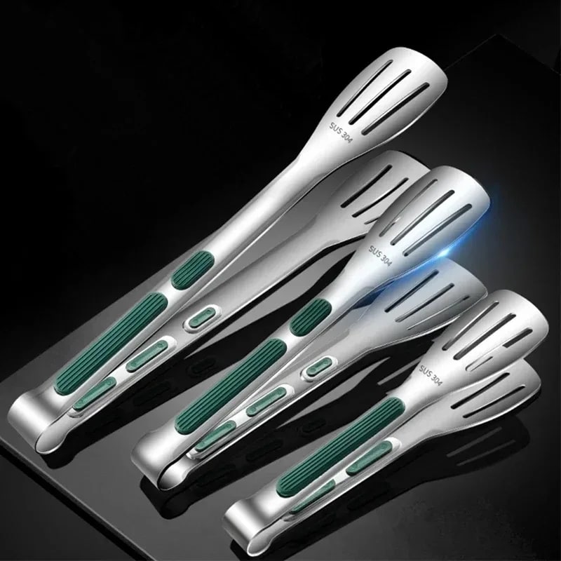 304 Stainless Steel Food Tongs with Anti-Slip Green Grip, 7, 9 or 11 Inch