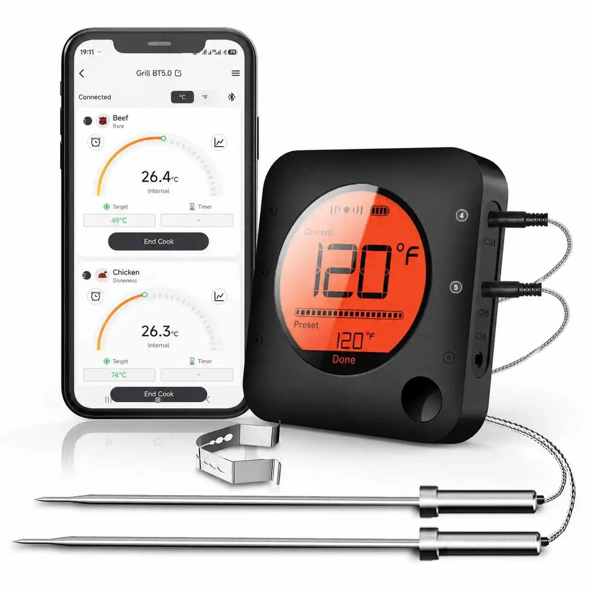 Xinsio BF-5 Bluetooth Digital Meat Thermometer with 1, 2, 4 or 6 Probes - 2 Probe