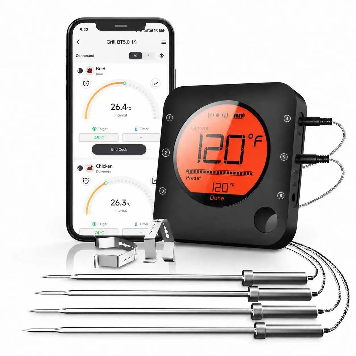 Xinsio BF-5 Bluetooth Digital Meat Thermometer with 1, 2, 4 or 6 Probes - 4 Probe