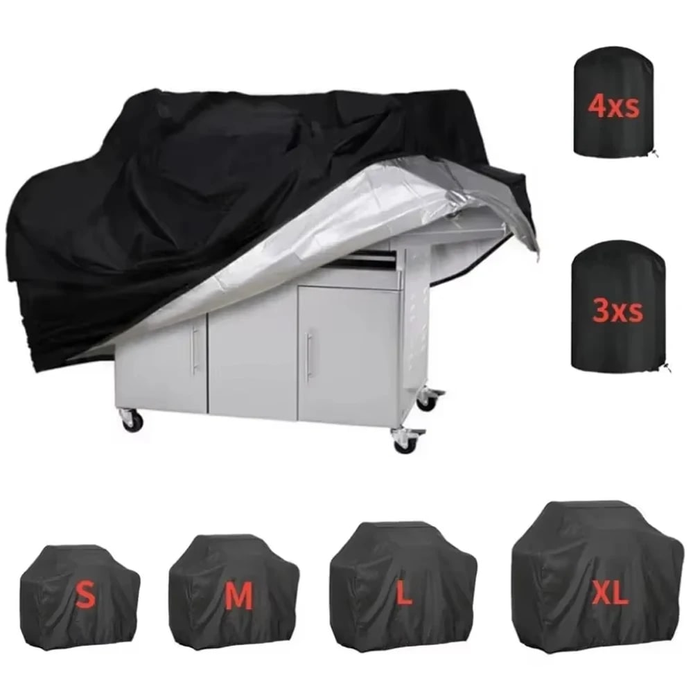 Black Polyester BBQ Cover, Waterproof Outdoor Grill Cover with Drawstring, Multiple Sizes