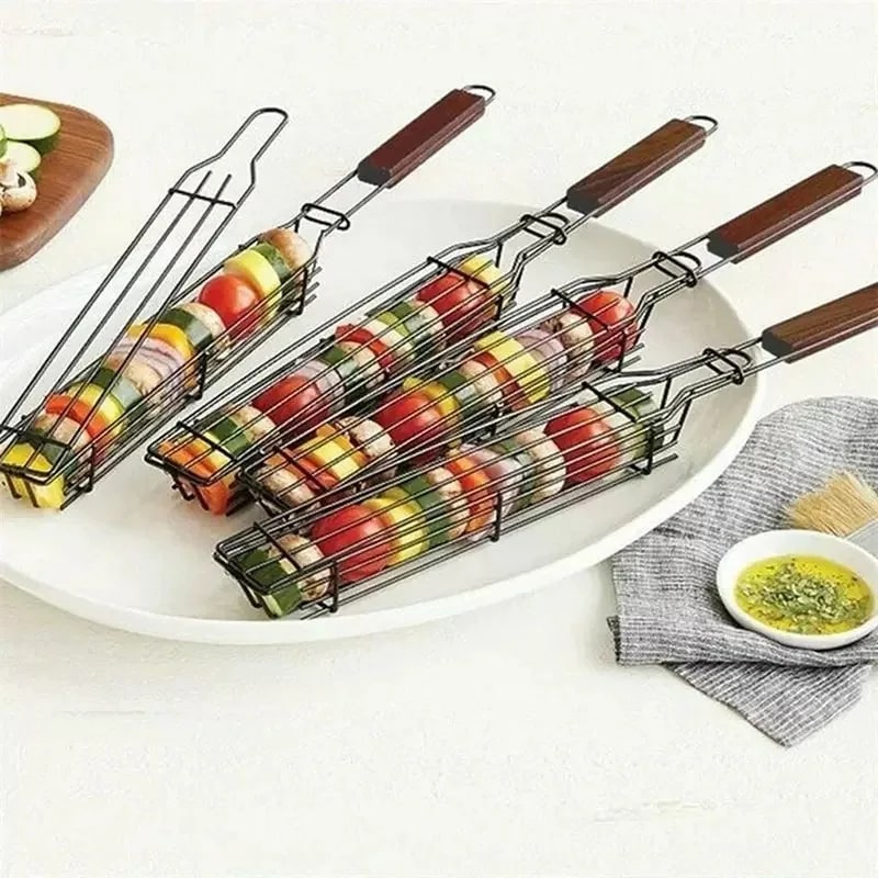 Portable BBQ Grilling Basket, Non-Stick Metal, 49cm, Yellow or Red