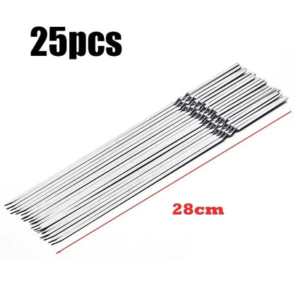 Stainless Steel BBQ Skewers, Reusable Kebab Forks, 28cm or 33cm, 5 to 25 Piece Sets - 25pcs-28cm