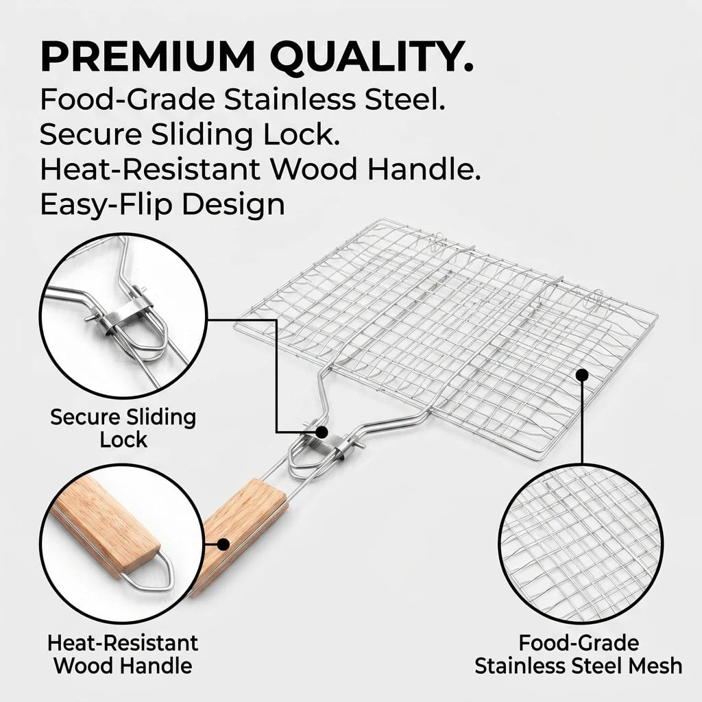 Stainless Steel BBQ Grill Basket, Foldable Handle, 34 x 32cm