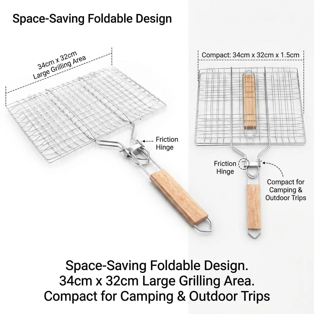 Stainless Steel BBQ Grill Basket, Foldable Handle, 34 x 32cm