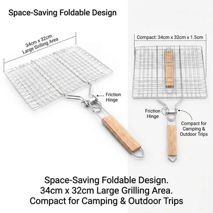 Stainless Steel BBQ Grill Basket, Foldable Handle, 34 x 32cm