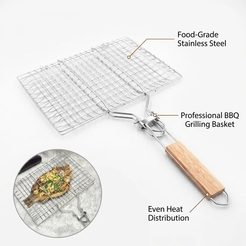 Stainless Steel BBQ Grill Basket, Foldable Handle, 34 x 32cm