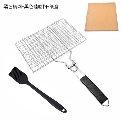 Stainless Steel BBQ Grill Basket, Foldable Handle, 34 x 32cm - black