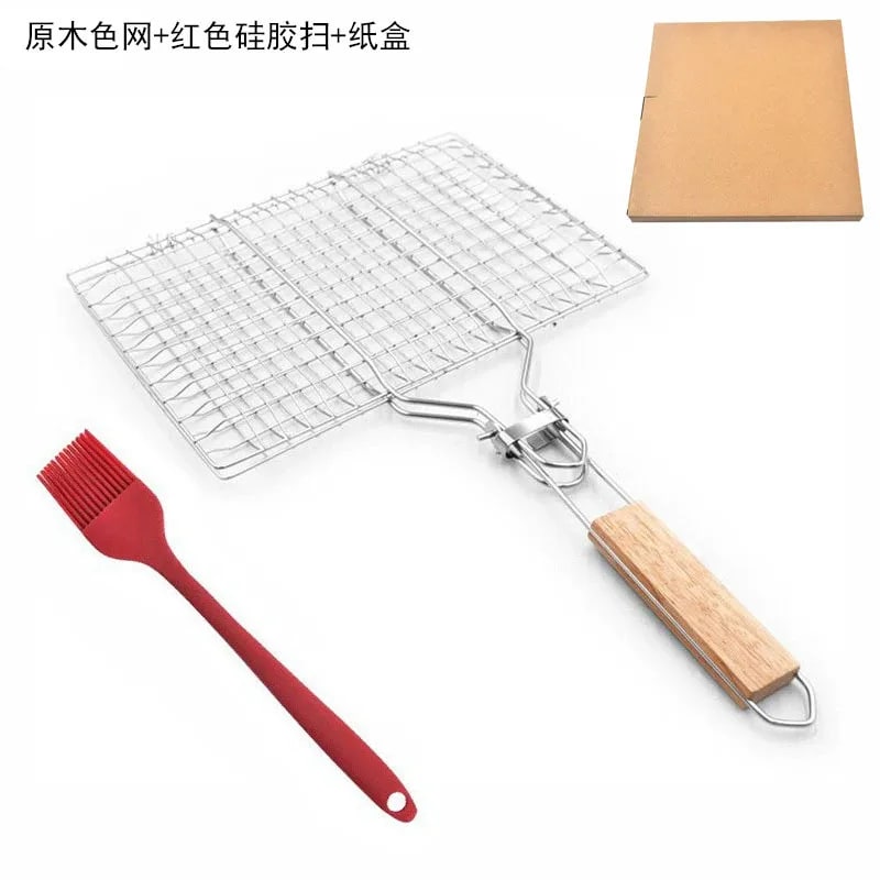Stainless Steel BBQ Grill Basket, Foldable Handle, 34 x 32cm - Khaki