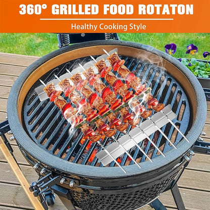 LMETJMA Stainless Steel BBQ Skewer Rack with 6 Skewers, 30cm Holder