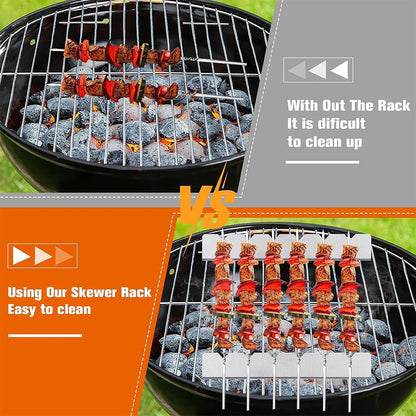 LMETJMA Stainless Steel BBQ Skewer Rack with 6 Skewers, 30cm Holder