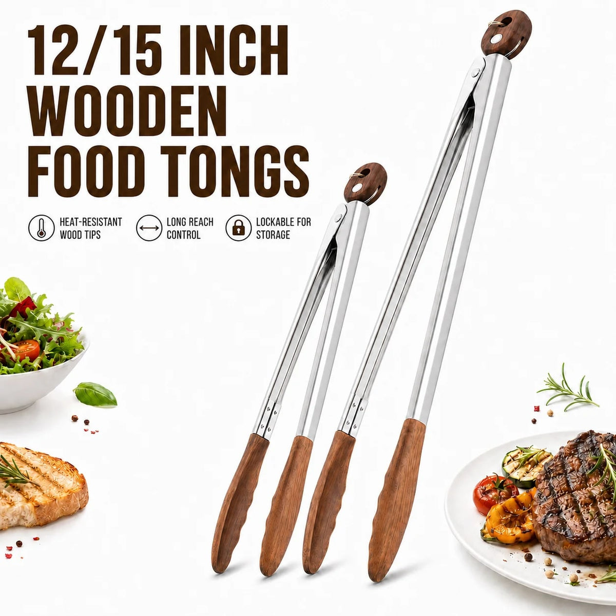 Wooden-Tipped Stainless Steel BBQ Tongs, 12 or 15 Inch, Pull-Ring Lock